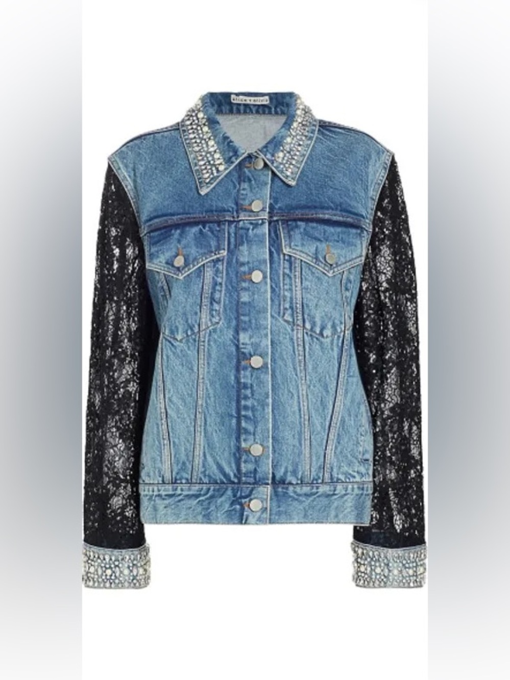 Alice + Olivia Blue Denim Jacket with Black Lace Sleeves and Crystal Trim
